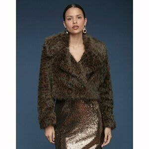 Last Chance! New Avec Les Filles Cropped Leopard Faux Fur Coat Brown XS